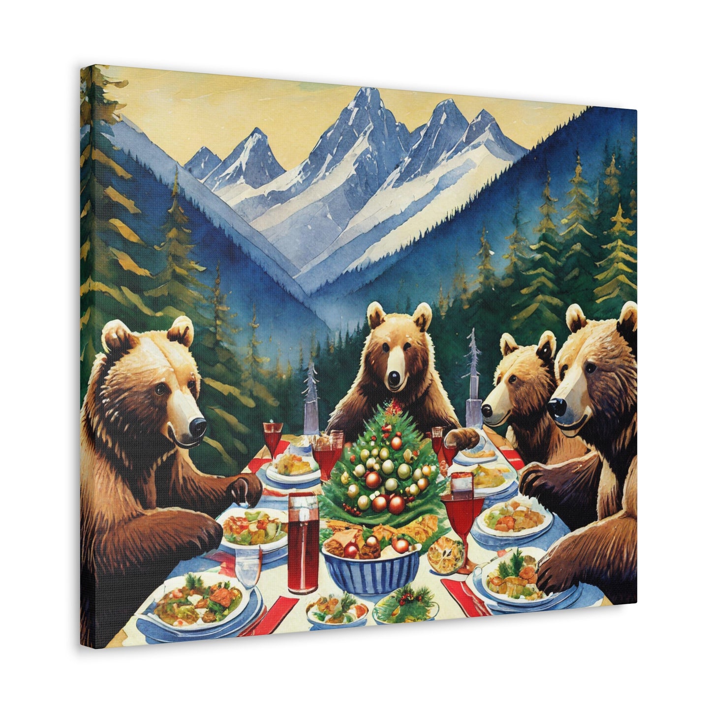 Grizzly Bear Christmas Dinner Canvas Wrap