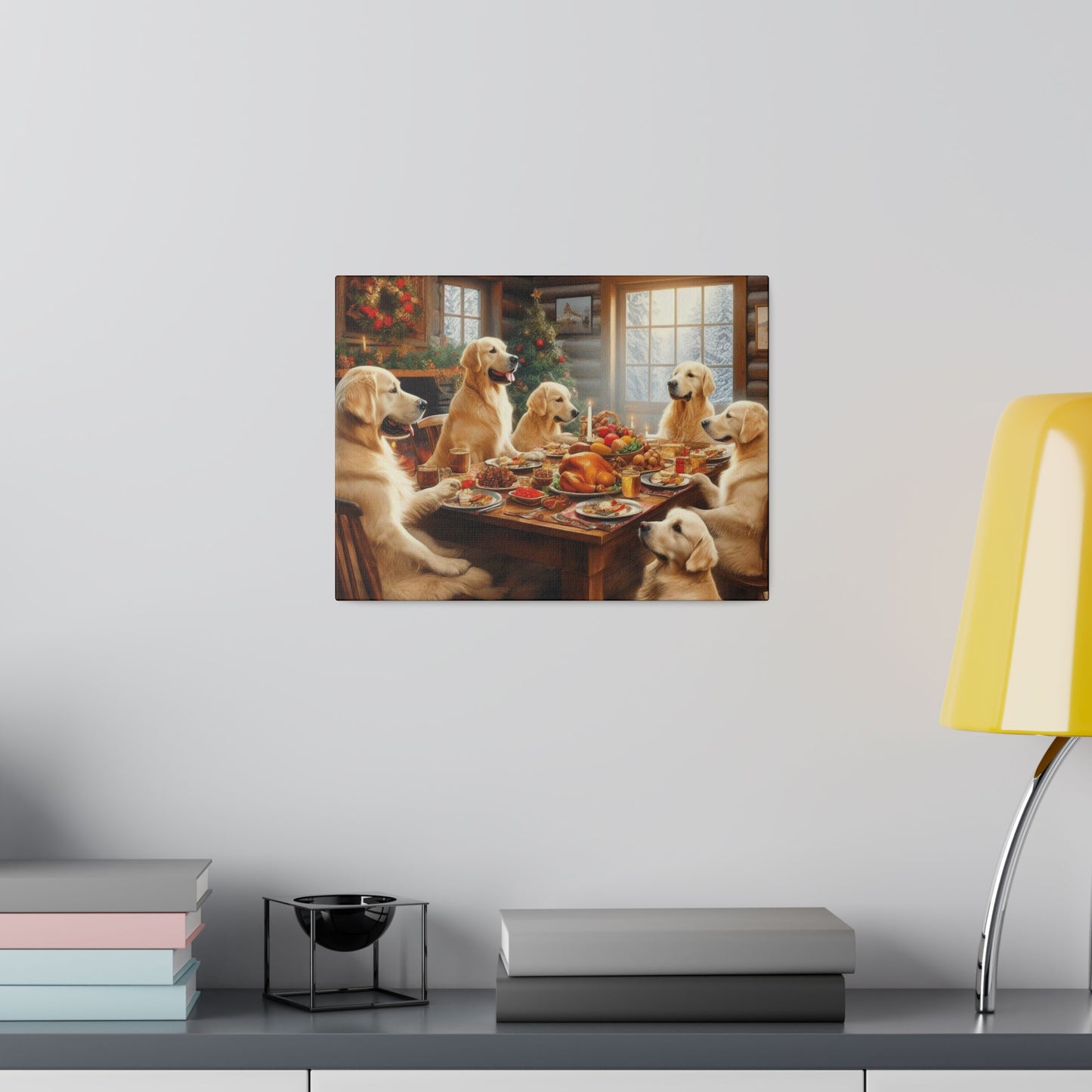 Golden Retriever Christmas Dinner Canvas Wrap