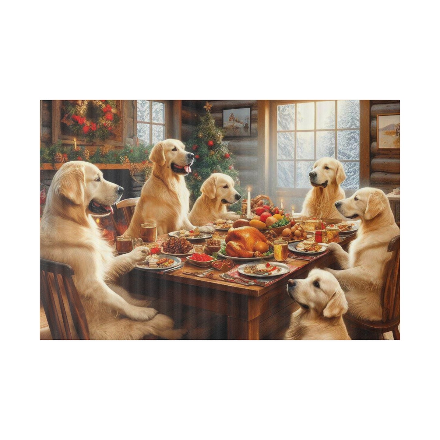 Golden Retriever Christmas Dinner Canvas Wrap