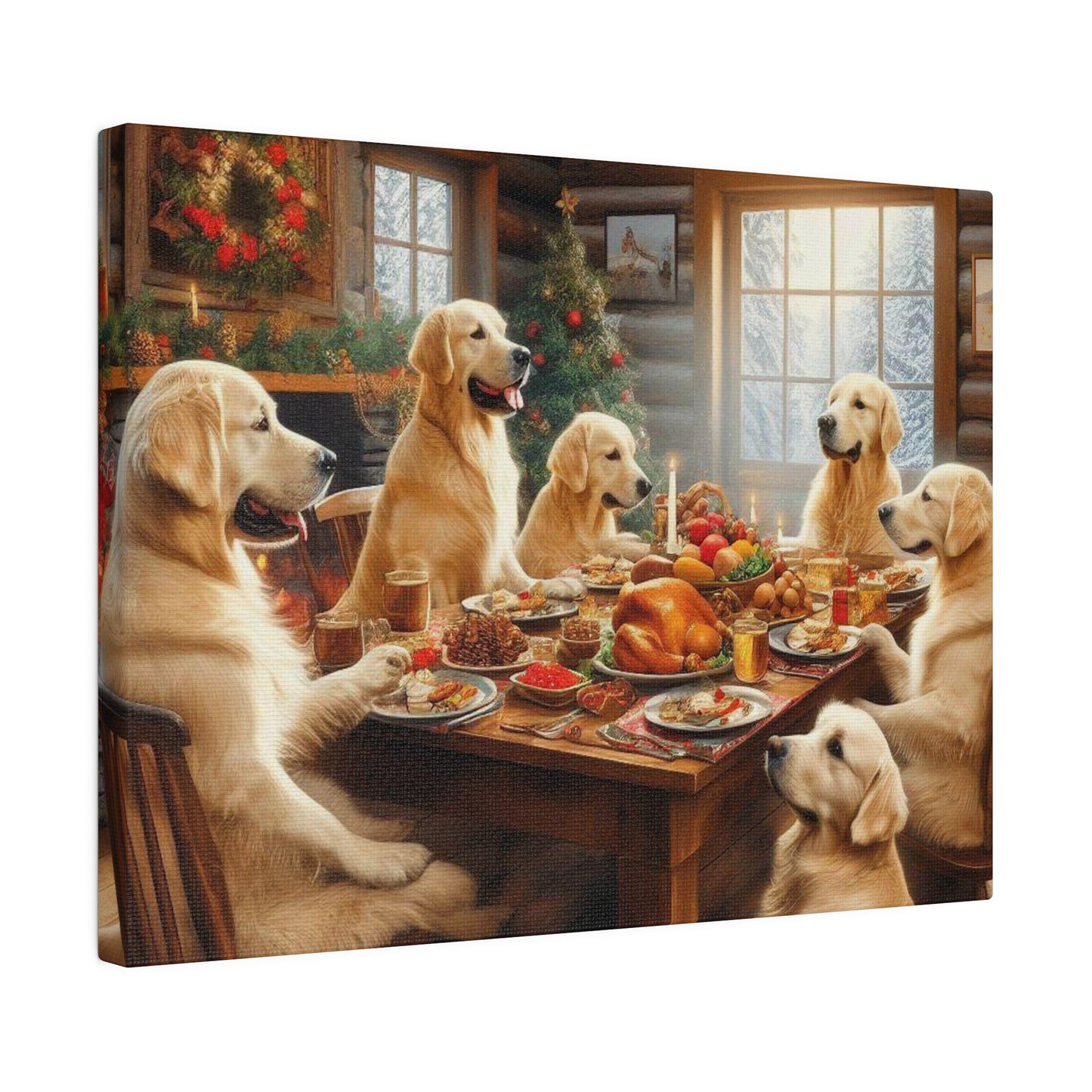 Golden Retriever Christmas Dinner Canvas Wrap