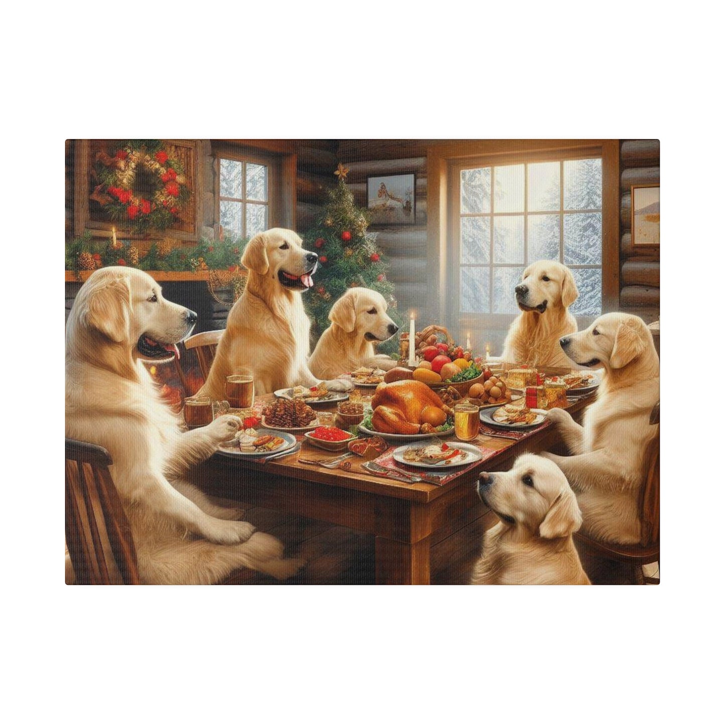 Golden Retriever Christmas Dinner Canvas Wrap