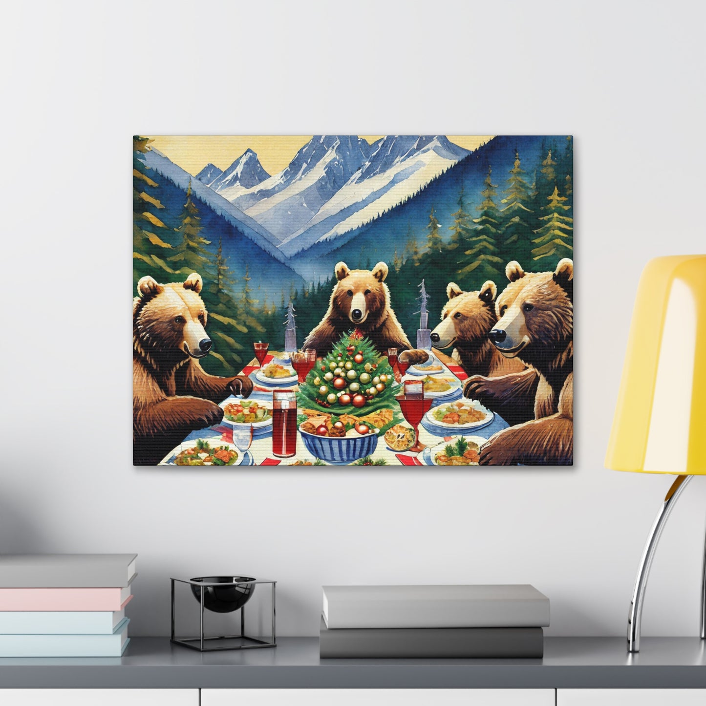 Grizzly Bear Christmas Dinner Canvas Wrap