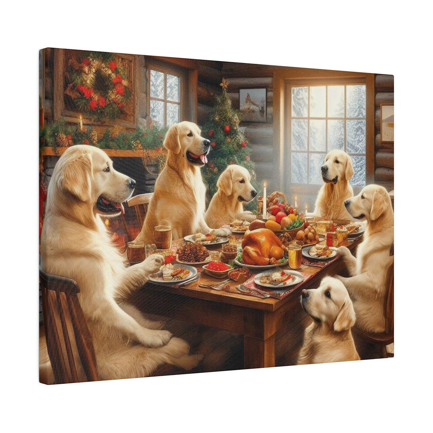 Golden Retriever Christmas Dinner Canvas Wrap