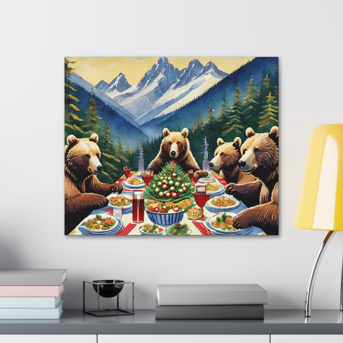 Grizzly Bear Christmas Dinner Canvas Wrap