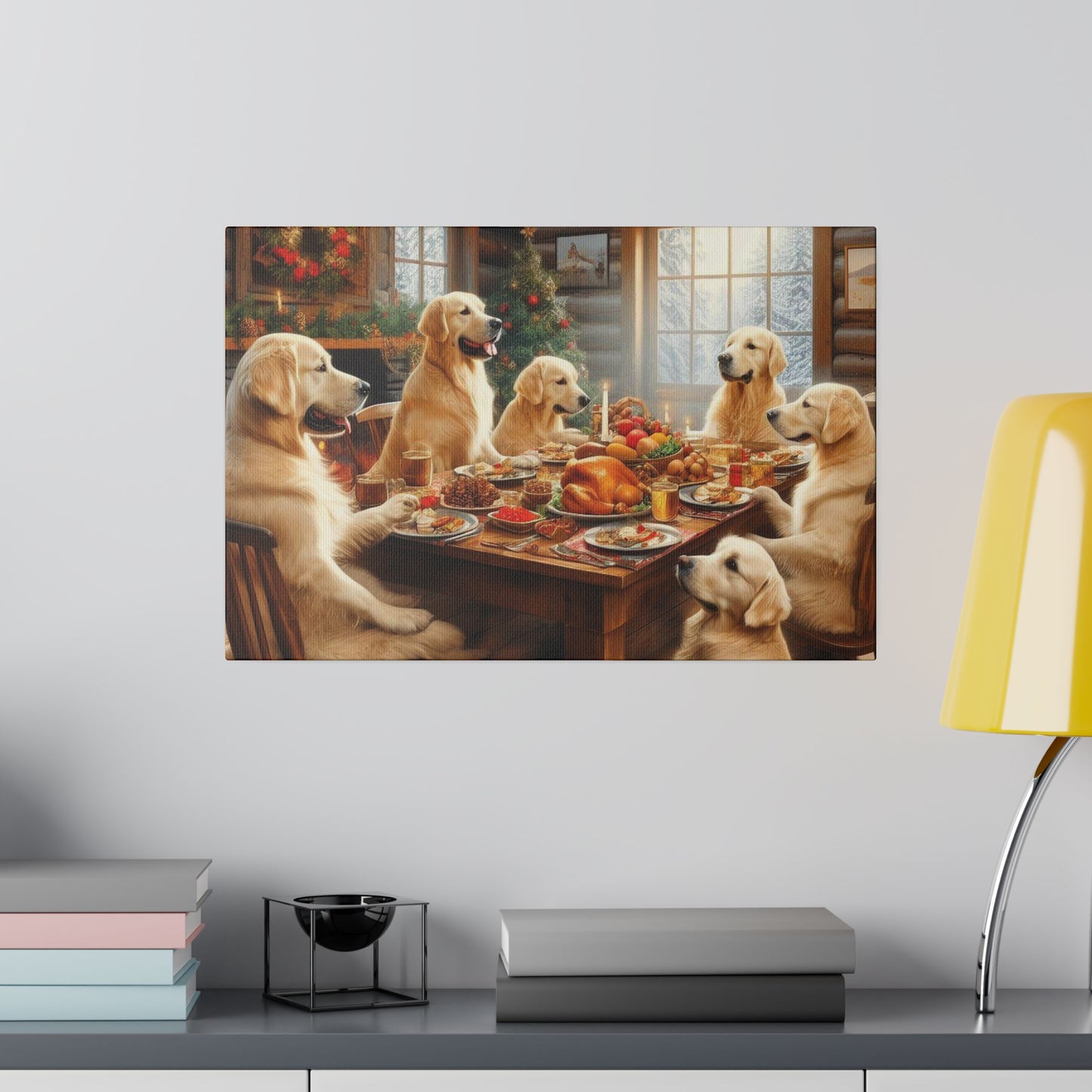 Golden Retriever Christmas Dinner Canvas Wrap