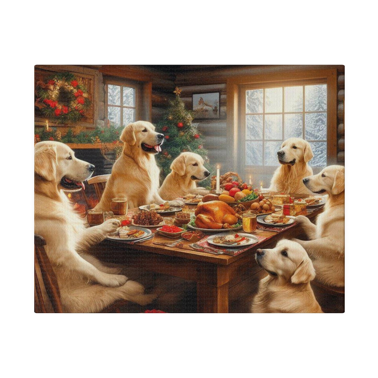 Golden Retriever Christmas Dinner Canvas Wrap