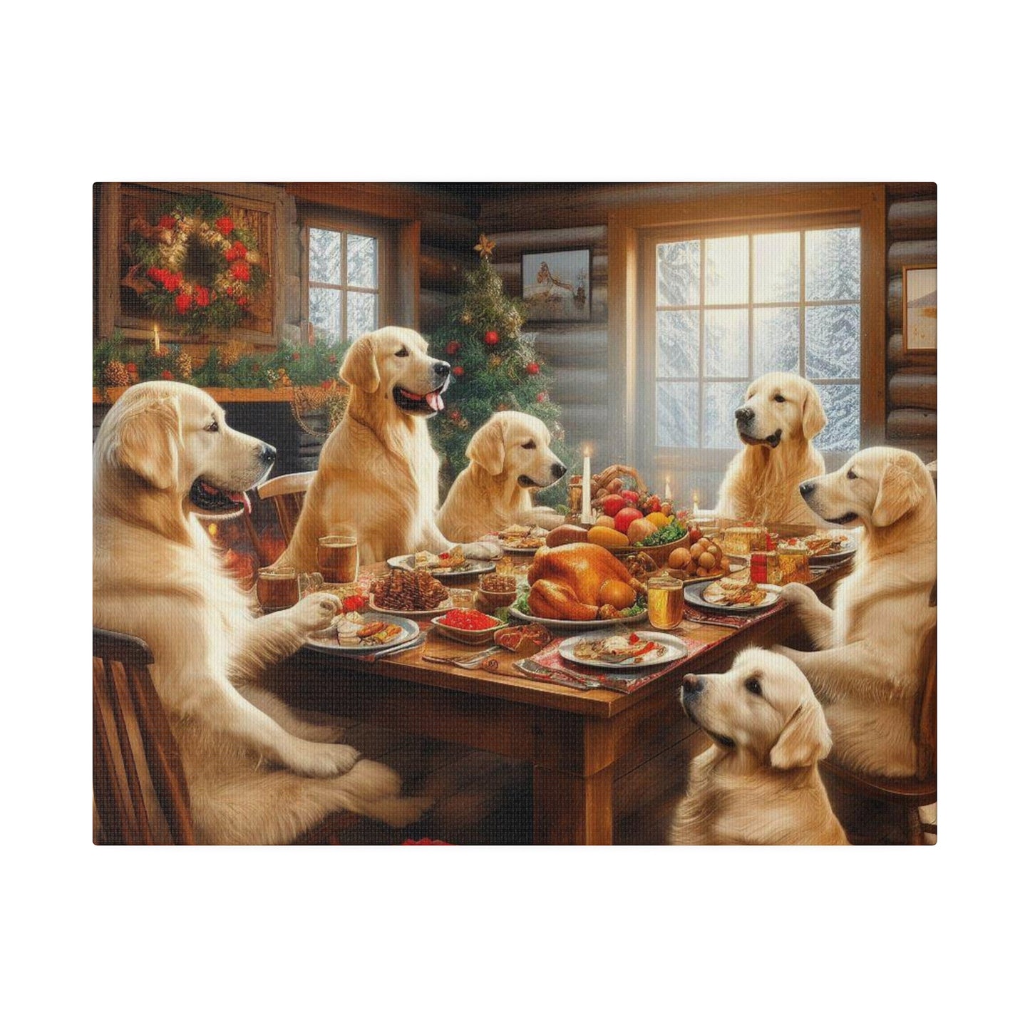 Golden Retriever Christmas Dinner Canvas Wrap