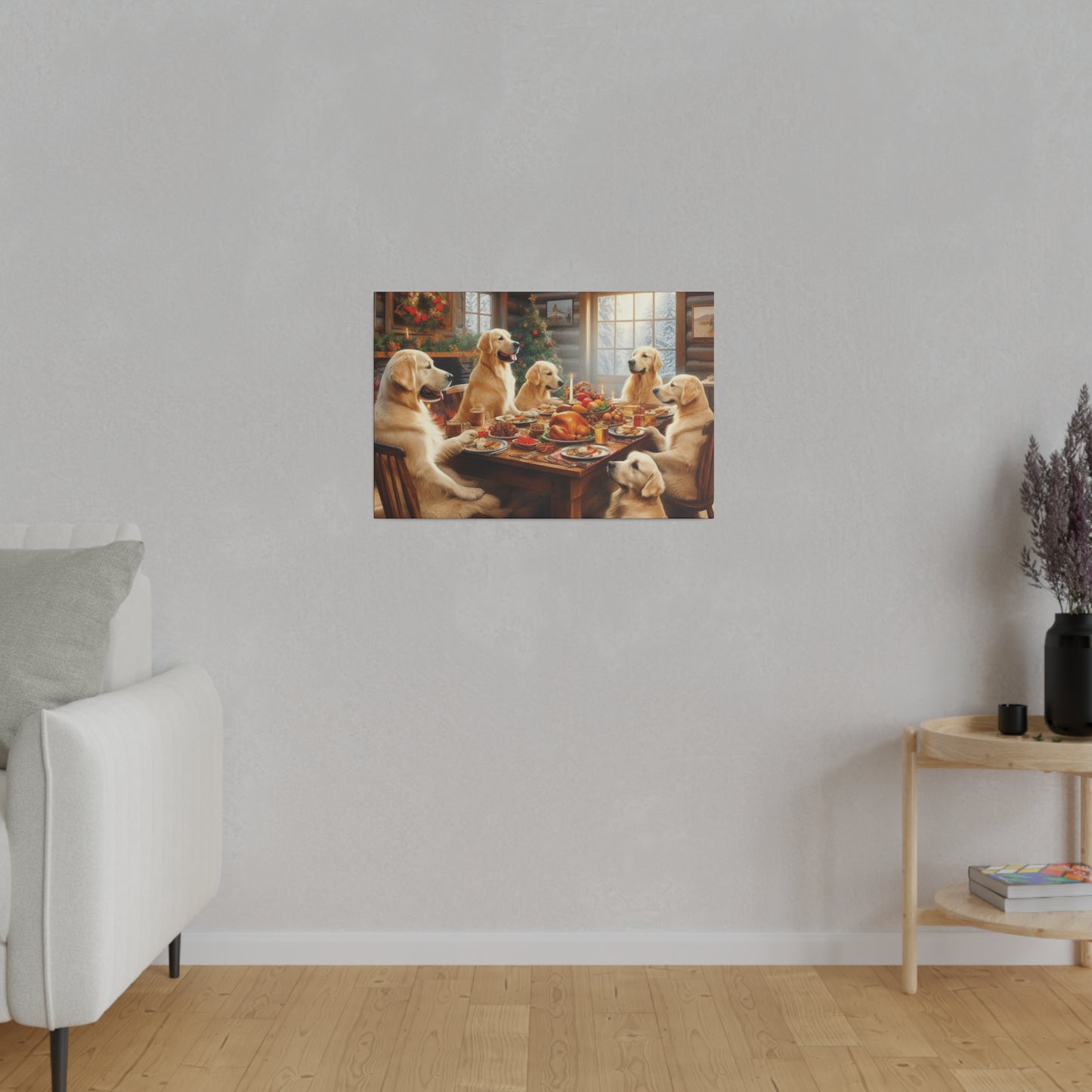 Golden Retriever Christmas Dinner Canvas Wrap