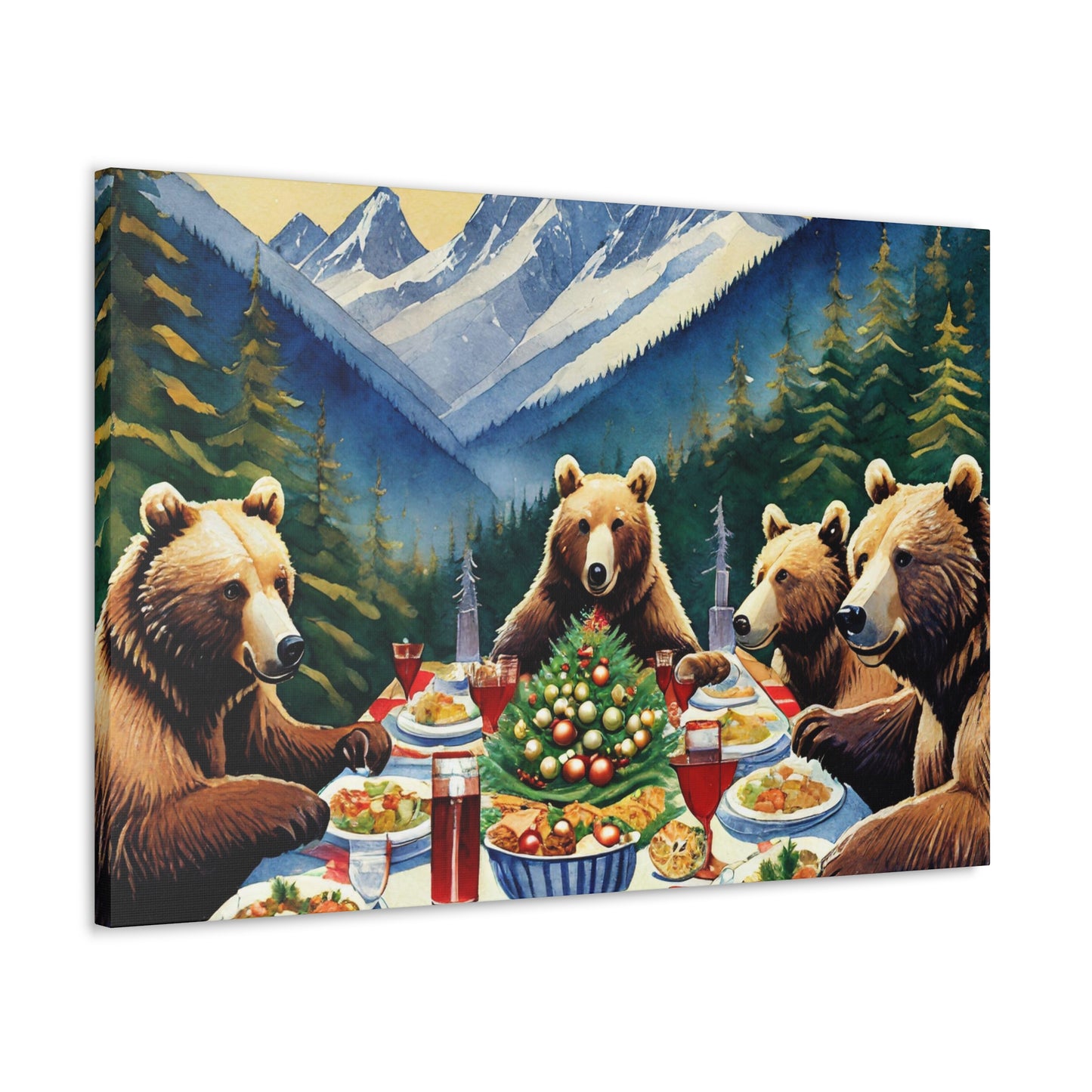 Grizzly Bear Christmas Dinner Canvas Wrap