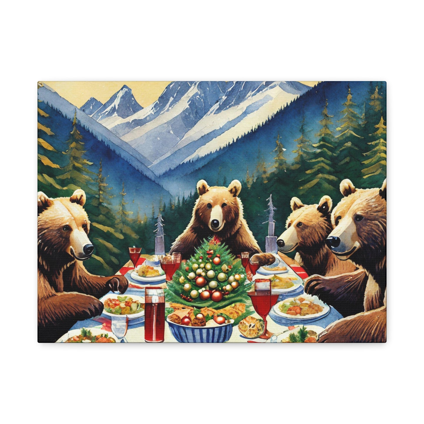 Grizzly Bear Christmas Dinner Canvas Wrap