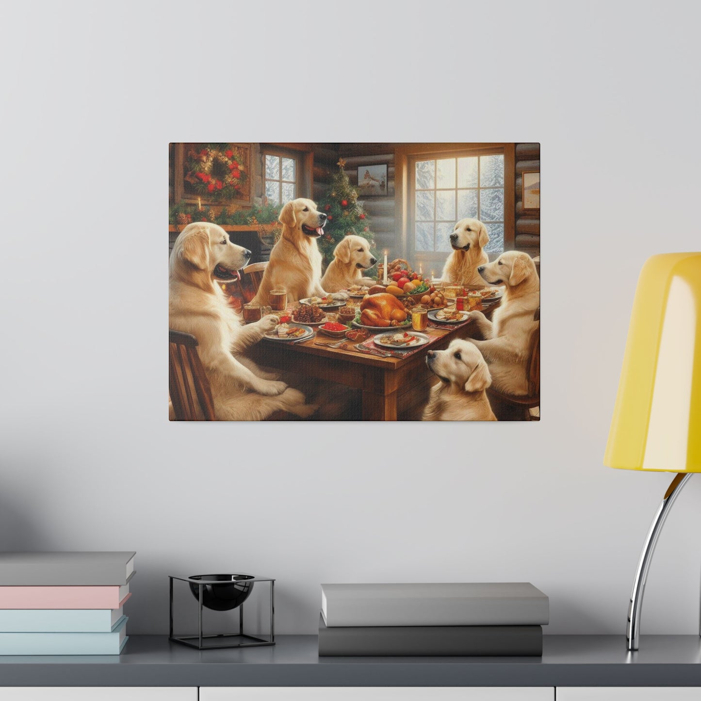 Golden Retriever Christmas Dinner Canvas Wrap