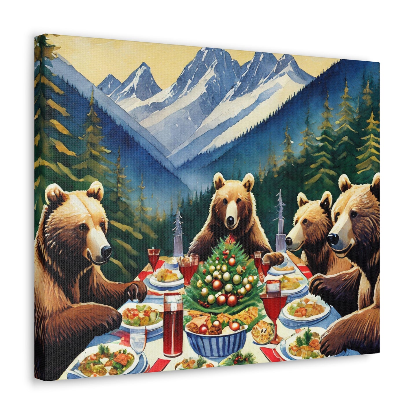 Grizzly Bear Christmas Dinner Canvas Wrap