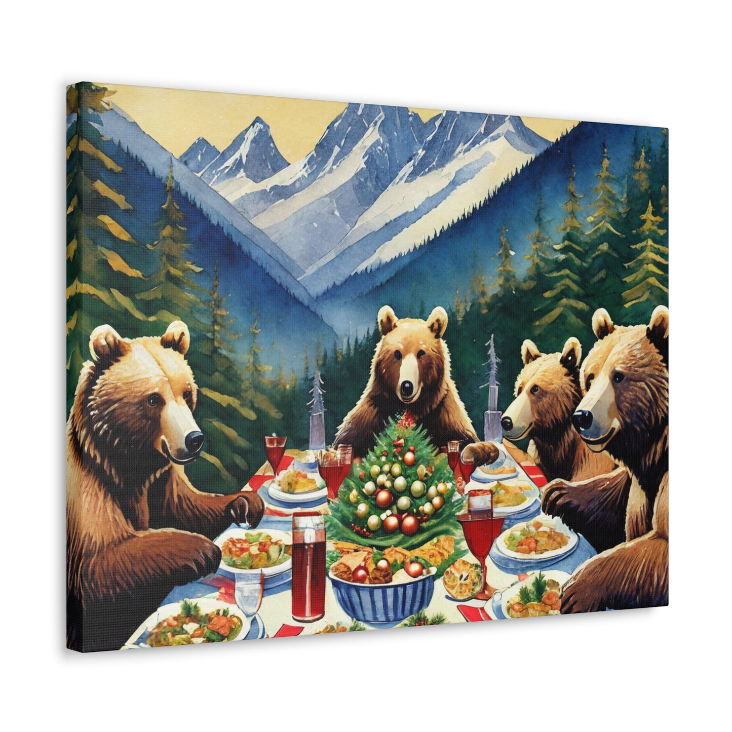 Grizzly Bear Christmas Dinner Canvas Wrap