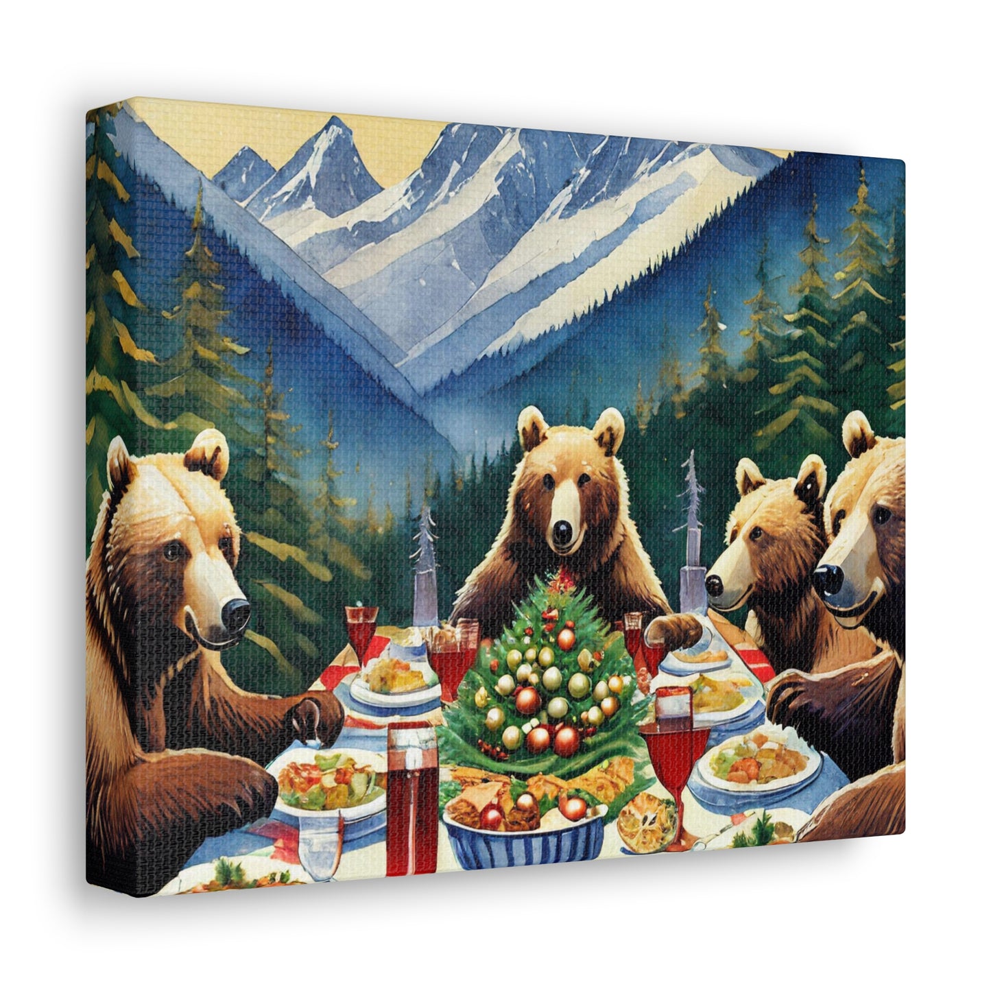 Grizzly Bear Christmas Dinner Canvas Wrap