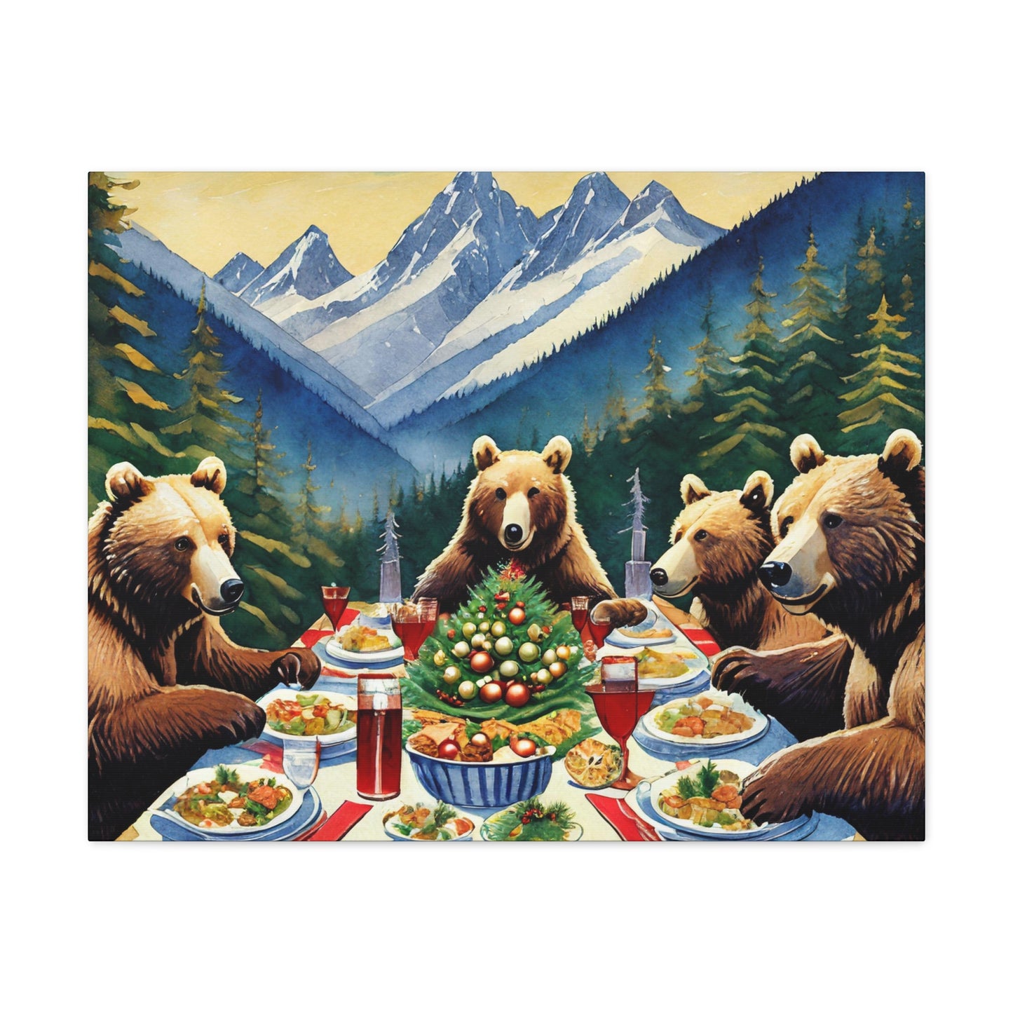 Grizzly Bear Christmas Dinner Canvas Wrap