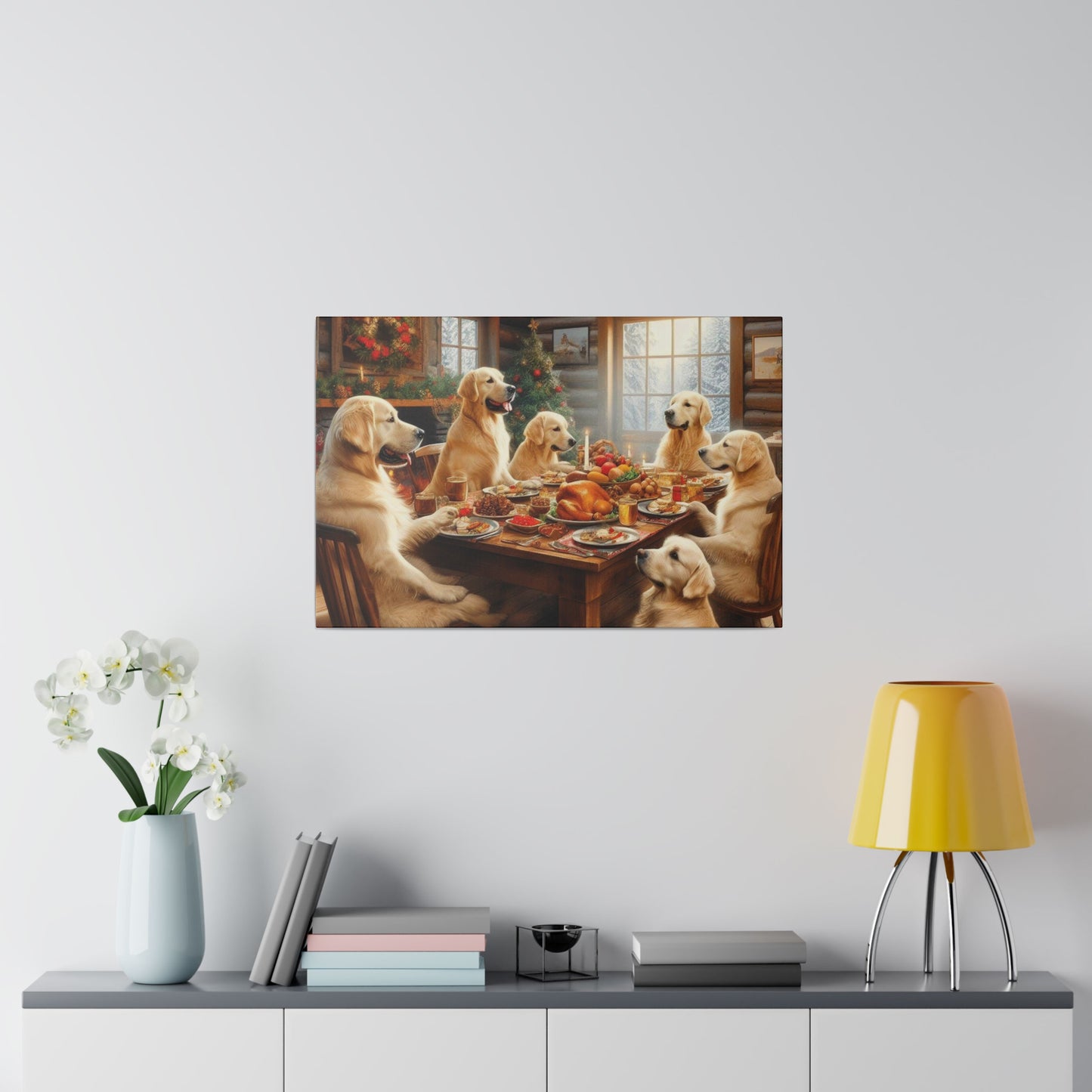 Golden Retriever Christmas Dinner Canvas Wrap