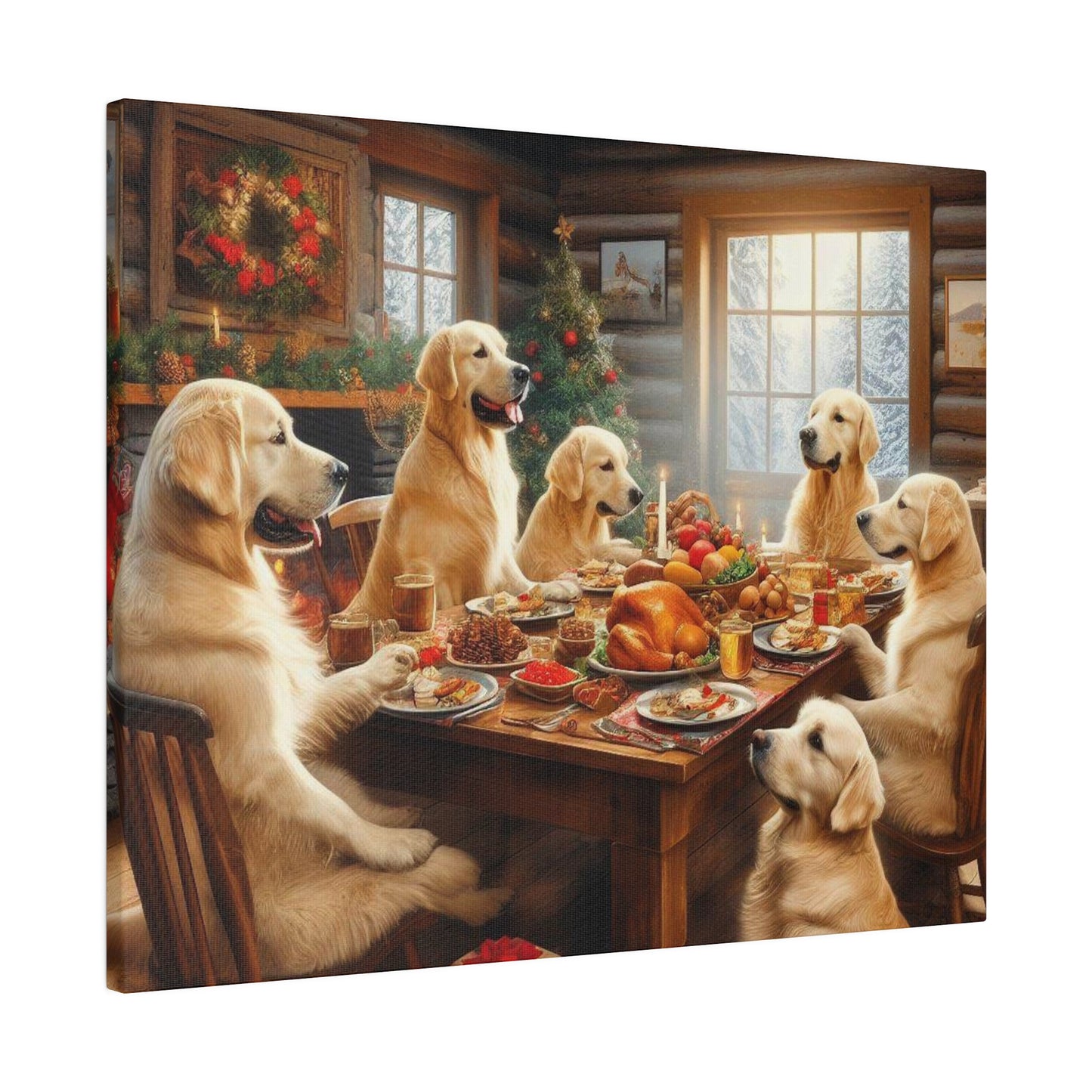 Golden Retriever Christmas Dinner Canvas Wrap