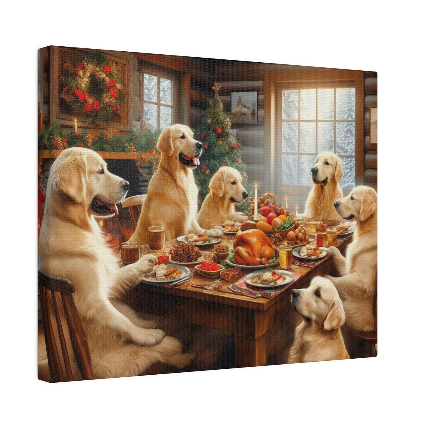 Golden Retriever Christmas Dinner Canvas Wrap