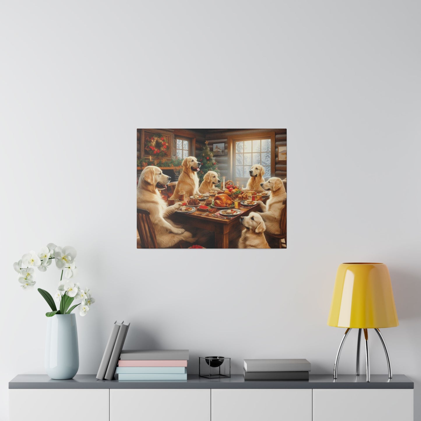 Golden Retriever Christmas Dinner Canvas Wrap