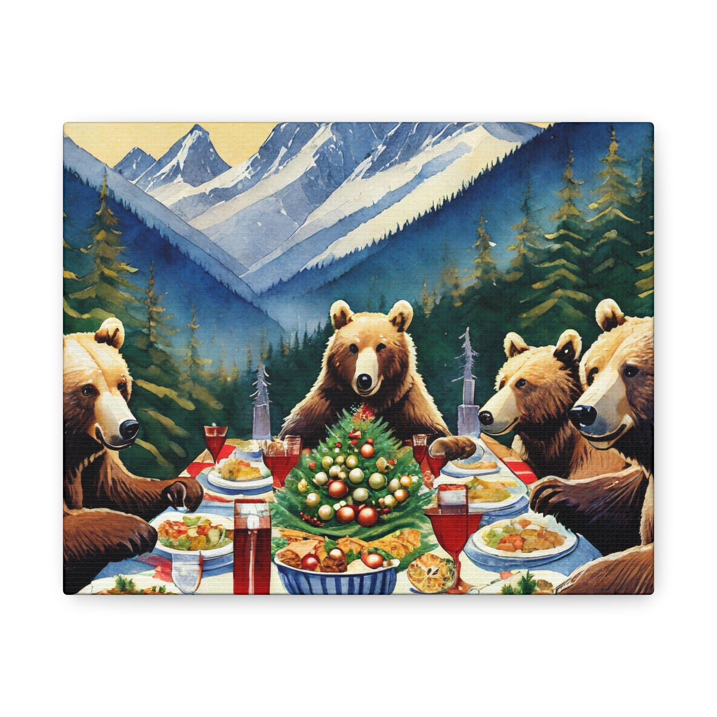 Grizzly Bear Christmas Dinner Canvas Wrap