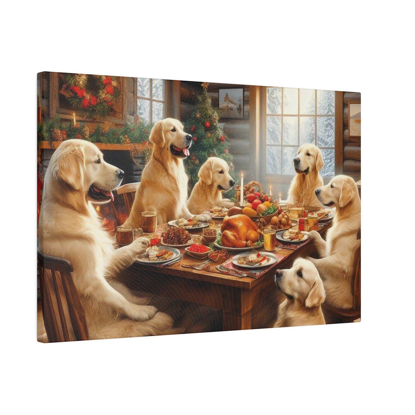 Golden Retriever Christmas Dinner Canvas Wrap