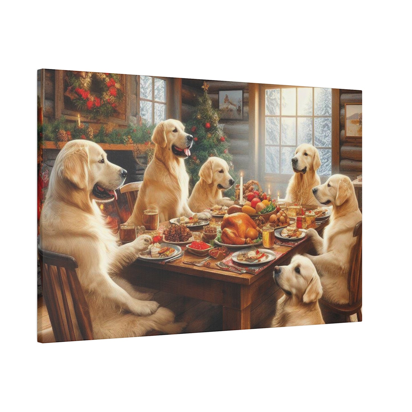 Golden Retriever Christmas Dinner Canvas Wrap