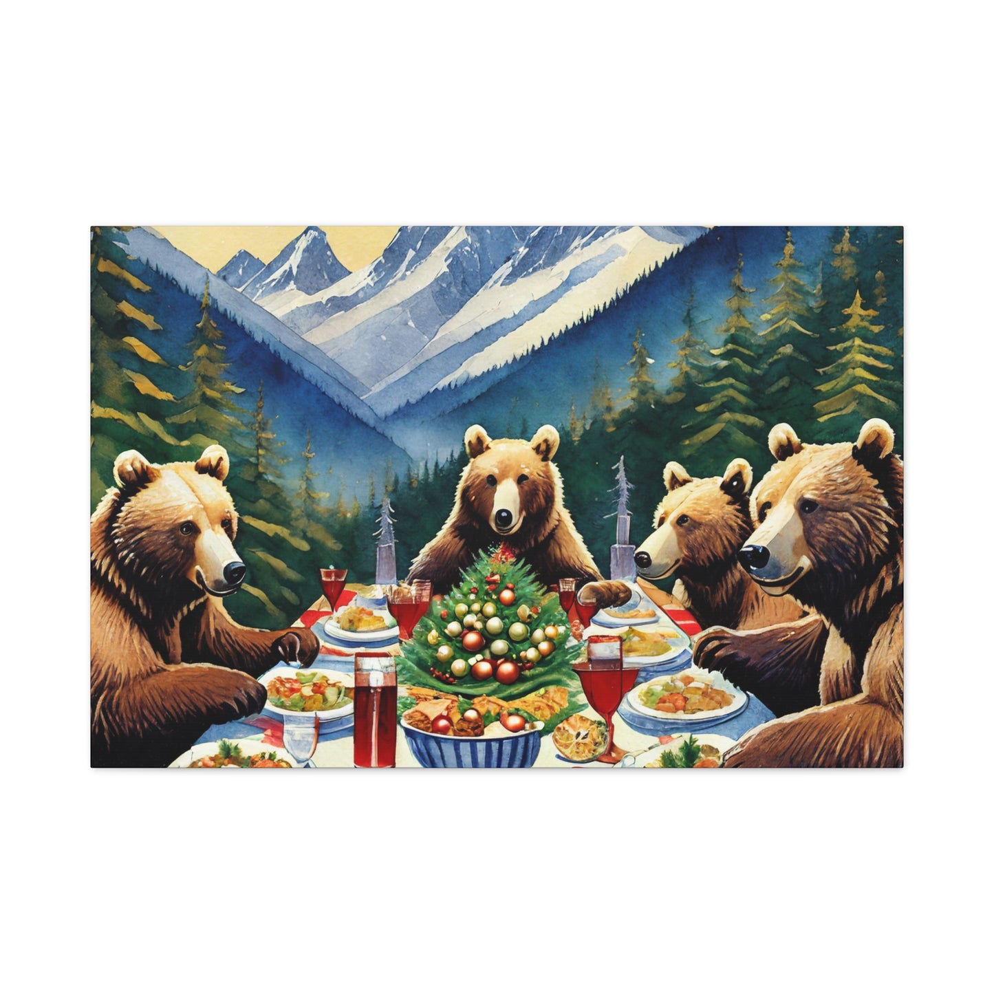 Grizzly Bear Christmas Dinner Canvas Wrap