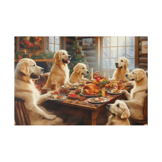 Golden Retriever Christmas Dinner Canvas Wrap