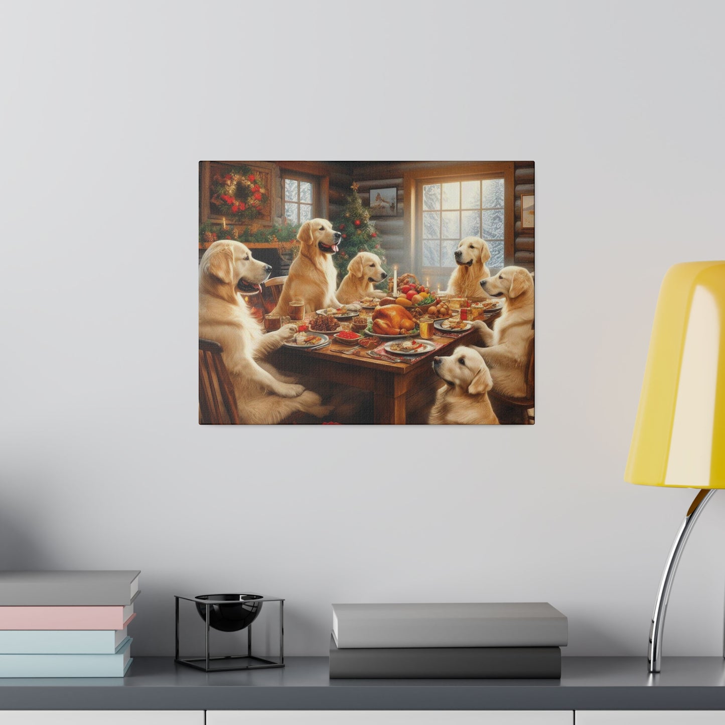 Golden Retriever Christmas Dinner Canvas Wrap