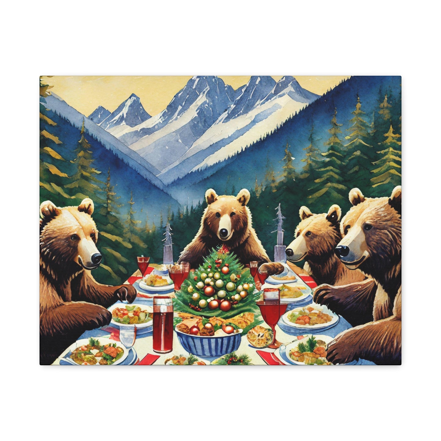 Grizzly Bear Christmas Dinner Canvas Wrap