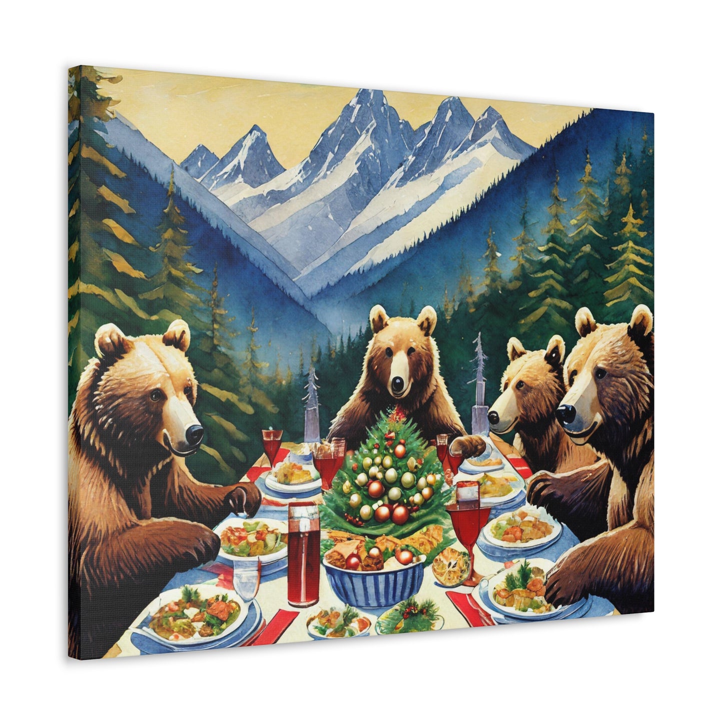 Grizzly Bear Christmas Dinner Canvas Wrap