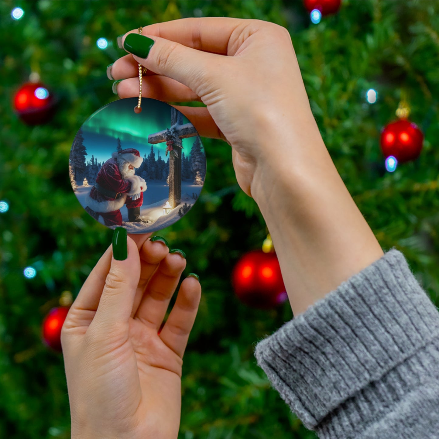 Santa kneeling in front of a Cross Ceramic Ornament