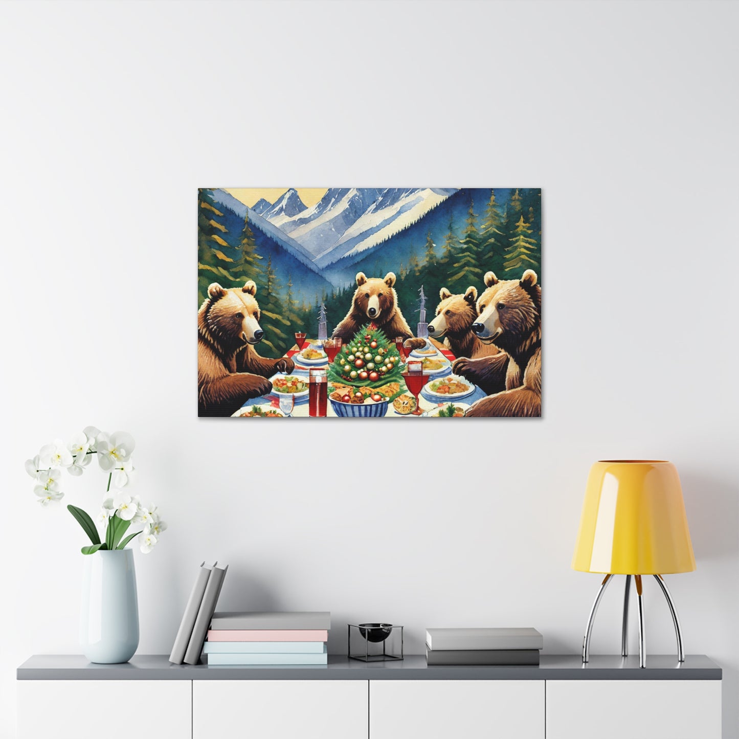 Grizzly Bear Christmas Dinner Canvas Wrap