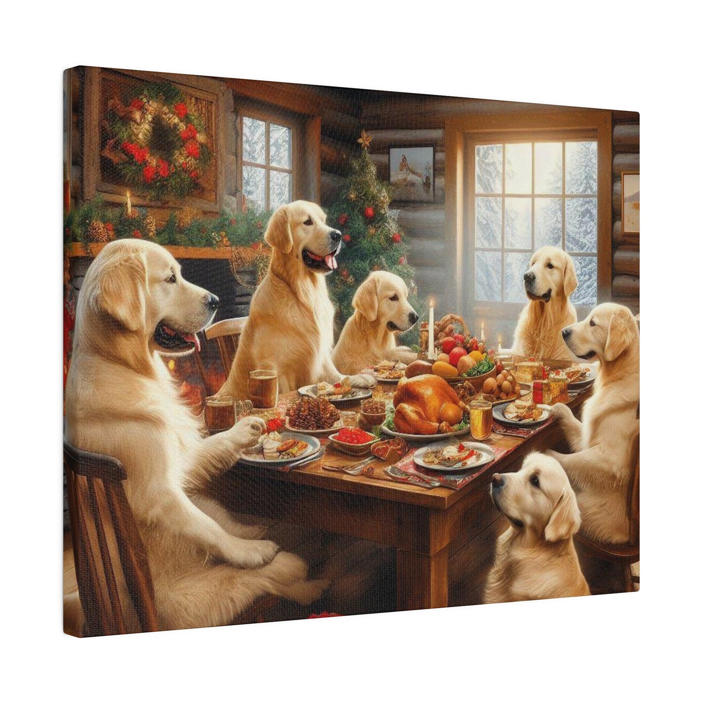 Golden Retriever Christmas Dinner Canvas Wrap