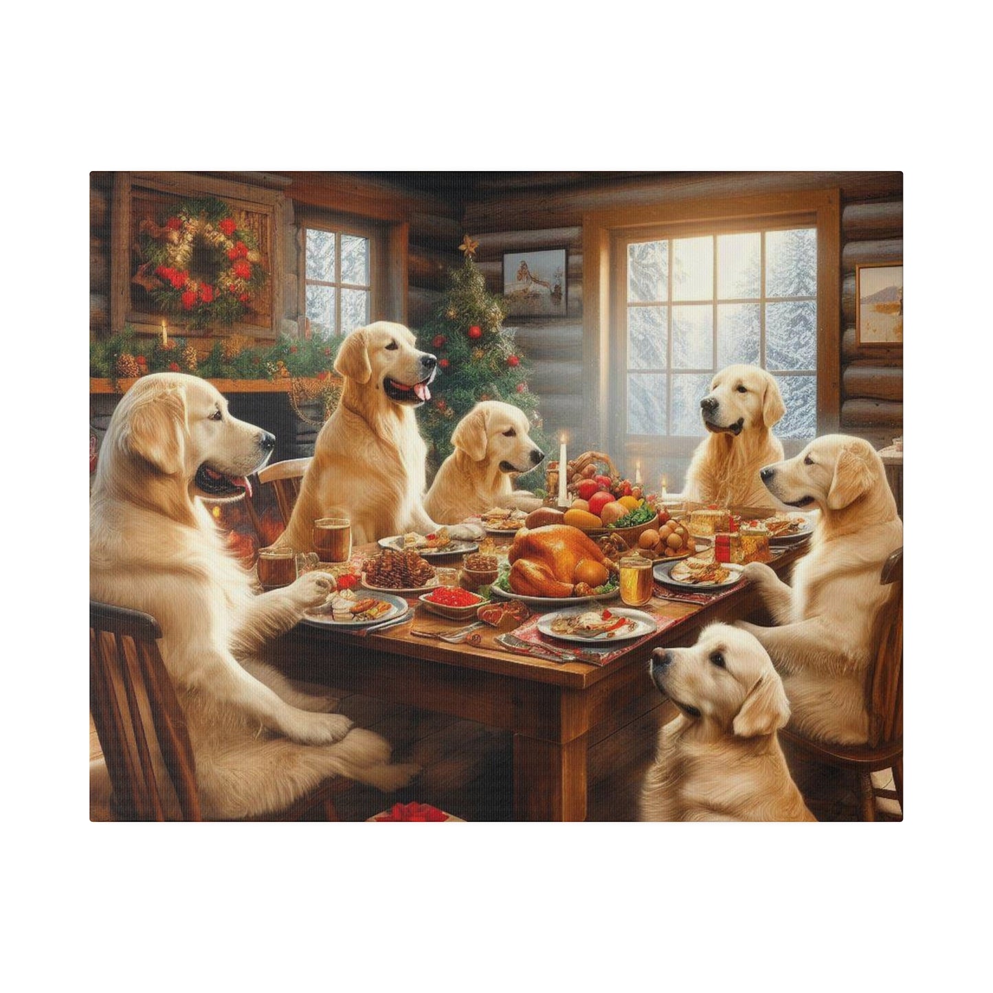 Golden Retriever Christmas Dinner Canvas Wrap